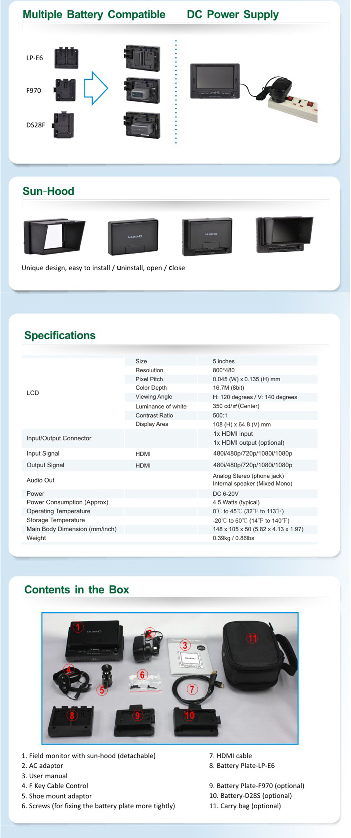Mustech 5-inch on-camera field monitor-M501 function details 4